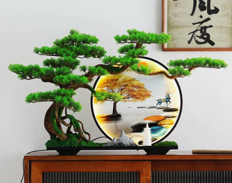 新中式轻奢高档摆件绿植仿真迎客松酒店玄关造...