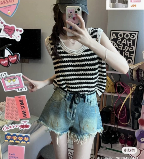 条纹针织吊带小背心女夏季外穿宽松法式内搭镂...