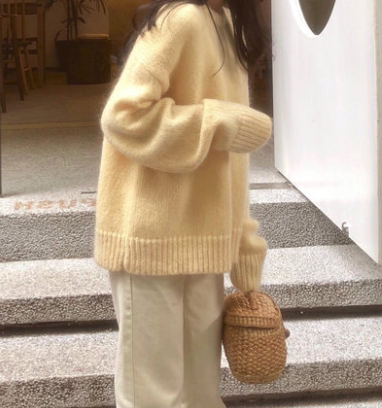 【凉秋季价】黄色毛衣女套头宽松慵懒风外穿百...