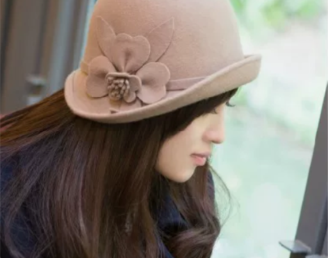 韩版花朵小礼帽 秋冬季盆帽羊毛呢帽子 女士...