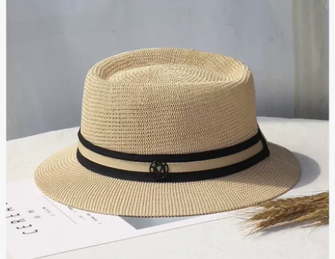 M标夏天平顶草帽遮阳帽英伦礼帽宽檐百搭防紫...