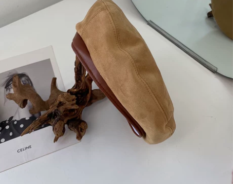 西本韩版麂皮时尚百搭贝雷帽女秋冬pu皮帽子...