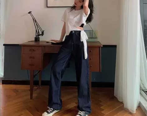 深色高腰牛仔裤 夏装新款直筒宽松薄款显高…...