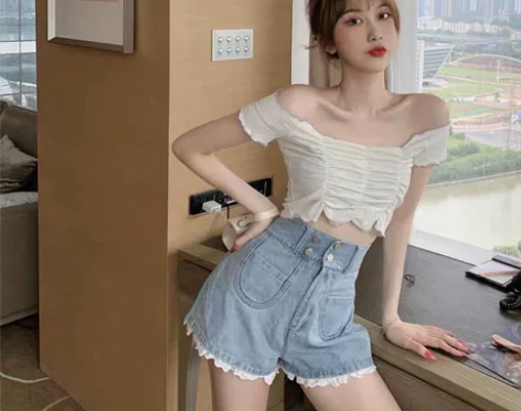 显瘦百搭ins热裤潮天使蕾丝牛仔短裤女 全...