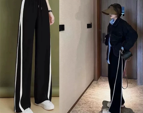 侧边白边宽松阔腿裤春秋款 全新黑色 感兴趣...