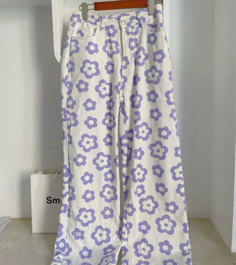 【100元3件】设计感紫色花朵印花高腰阔腿...