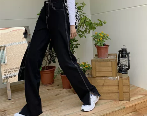 开叉牛仔裤女秋季2022年新款宽松高腰微胖...