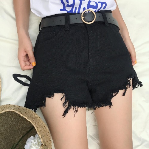 2021新款夏装高腰显瘦白色毛边牛仔短裤女...