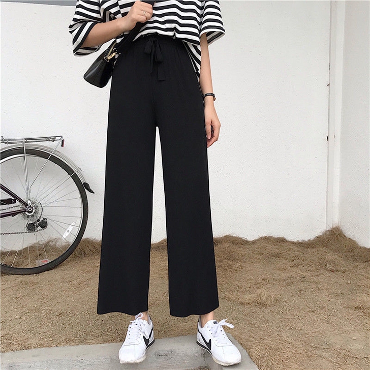 春夏季学生韩版高腰显瘦阔腿裤女垂感直筒裤港...