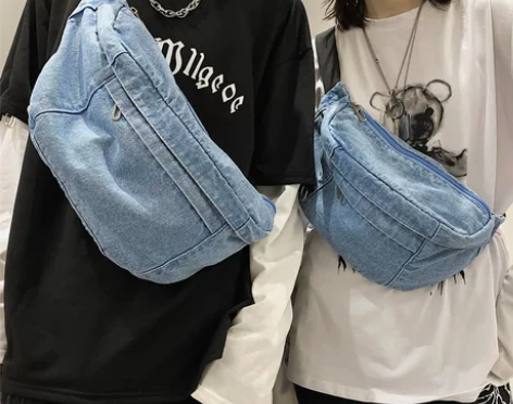 ins包包女斜挎包洋气超火百搭牛仔布胸包男...