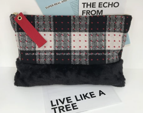 ins格子皮草拼接手拿包 日韩休闲黑白红圆...