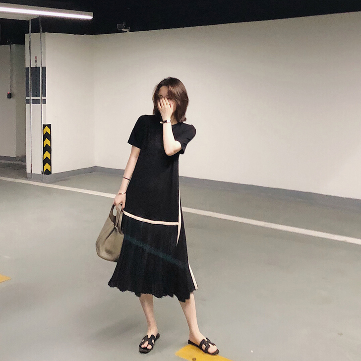 Misslady韩国复古拼接洋气拼接百褶雪...