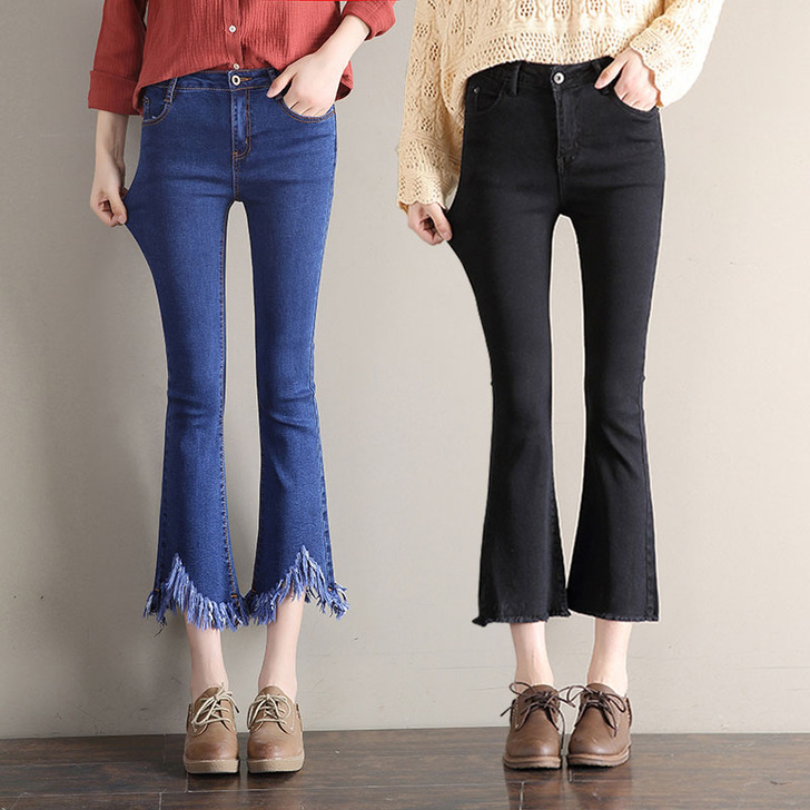 高腰黑色微喇叭牛仔裤女九分裤流苏毛边紧身弹...