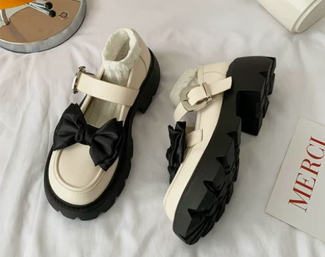 蝴蝶结小皮鞋女2022新款春夏季厚底粗跟软...