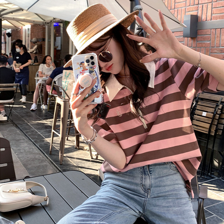 短袖t恤女夏季薄款设计感小众撞色翻领pol...