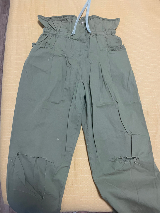 抽绳工装缩腿裤，军绿色