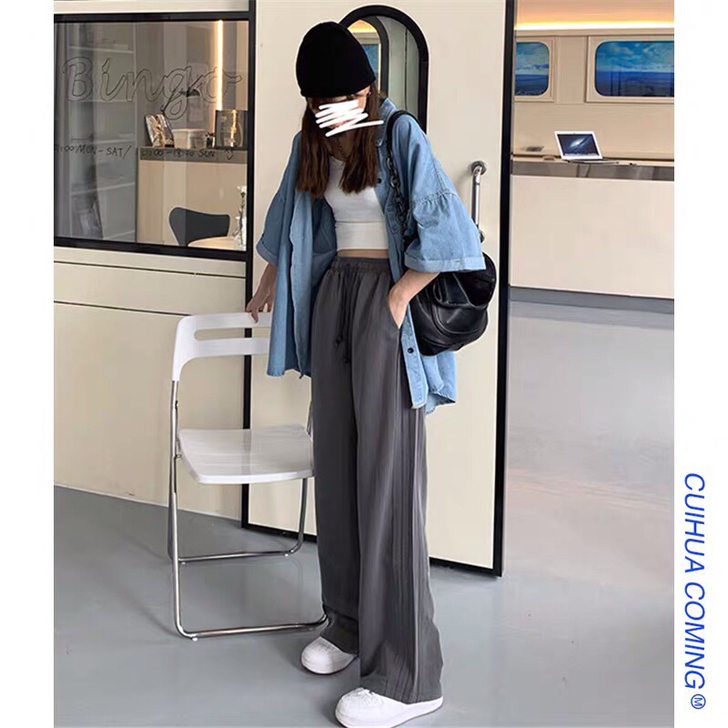 灰色西装裤女夏季薄款宽松直筒高腰垂感阔腿裤...