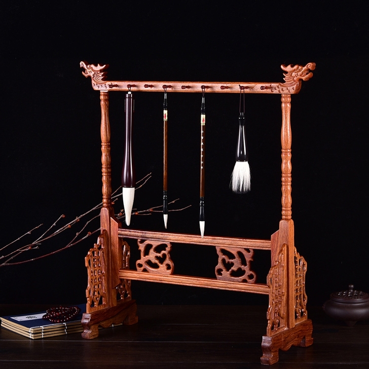 花梨木龙头笔挂 雕刻实木龙头笔挂毛笔架 文...