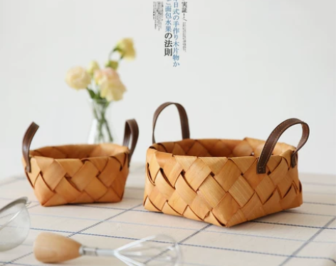 川岛屋日式手工木片编织篮子家用客厅水果面包...