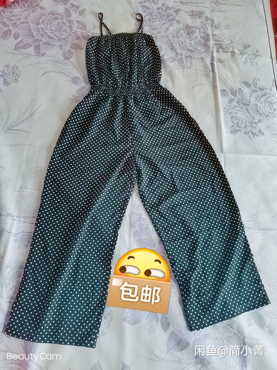 黑色波点吊带连体裤，