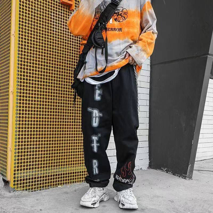 暗黑丧系欧美高街ins宽松直筒阔腿裤嘻哈潮...