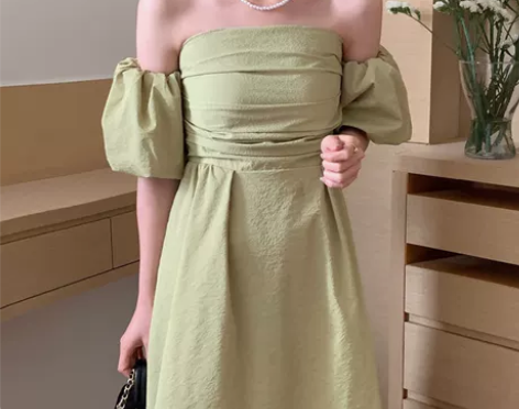 韩国chic夏季法式优雅一字领露肩抹胸收腰...