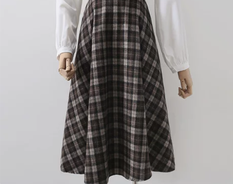 港味毛呢格子半身裙女新款a字中长款高腰宽松...