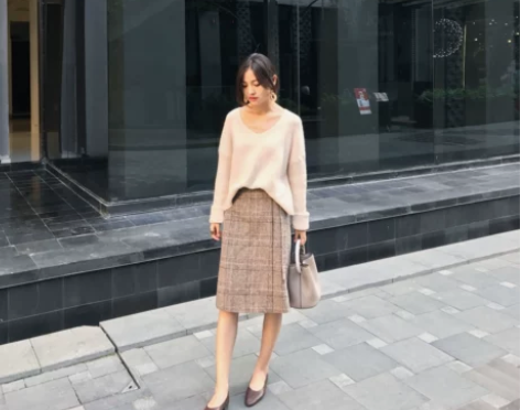 ?冬季毛呢复古交叉一步裙格子半身裙 没穿过...