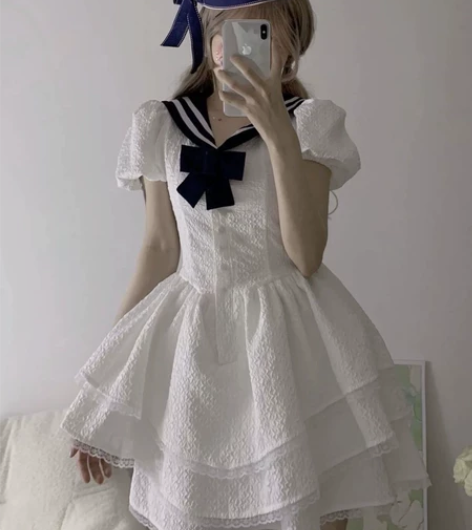 海军领超仙蓬蓬裙女夏季纯欲蕾丝花边公主裙泡...