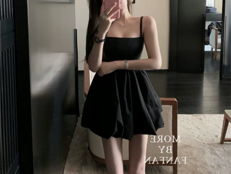 ?樊樊同款 黑色吊带连衣裙女夏季蓬蓬裙气质...