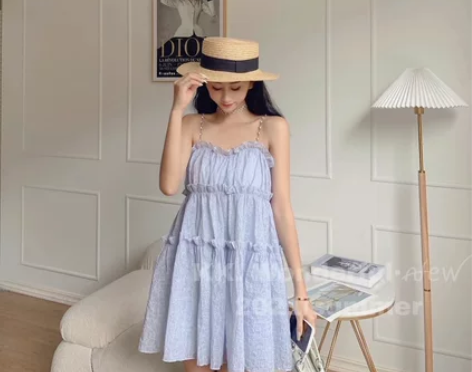 法式蓝色水钻荷叶边吊带裙甜美仙女夏小个子露...