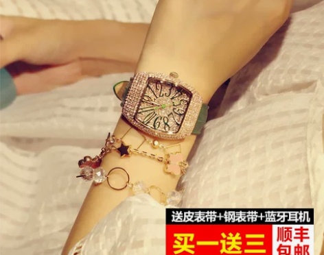 Davena酒桶型复古手表大表盘防水钻女表...