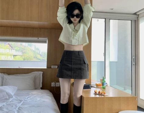 松本sbkk 复古高腰A字半身裙女夏显瘦遮...