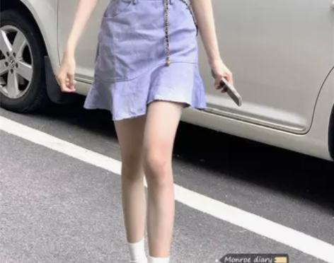 法式港风牛仔连衣裙女夏季设计感小众紫色收腰...