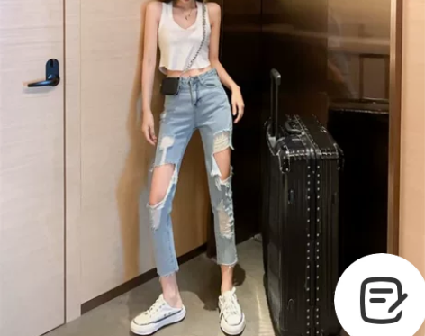 时尚破洞牛仔裤女2022夏季新款韩版高腰显...