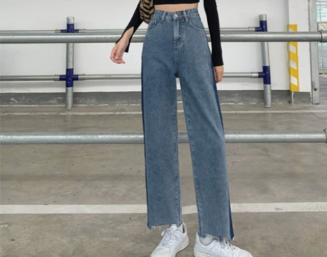 拼接直筒牛仔裤女高腰秋季加绒大码胖mm宽松...