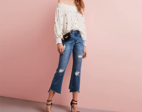 ONLY夏季新款磨破低腰七分喇叭牛仔裤女|...