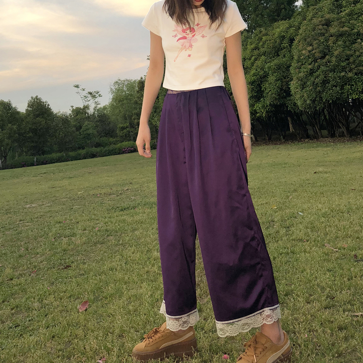 紫色裤子女宽松欧洲站bf风欧美复古温柔风阔...
