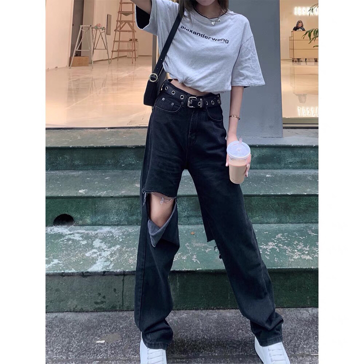 黑色破洞裤  高腰宽松显瘦牛仔裤