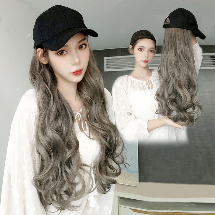 帽子假发一体女秋冬时尚潮流带头发的鸭舌帽长...