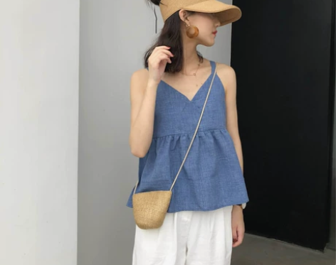 韩版chic清新木耳边短款小吊带背心女夏外...