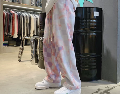 ins高街扎染格子运动裤男秋装加肥加大码潮...