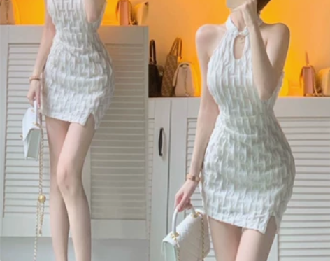 法式改良版旗袍裙年轻款少女白色挂脖露肩连衣...