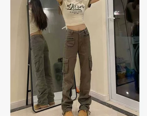 军绿复古工装裤子女夏高街潮ins美式vib...