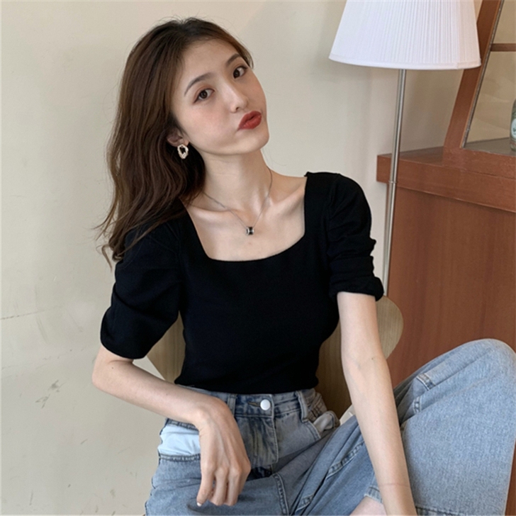黑色短袖t恤女夏设计感小众薄短款别致方领一...