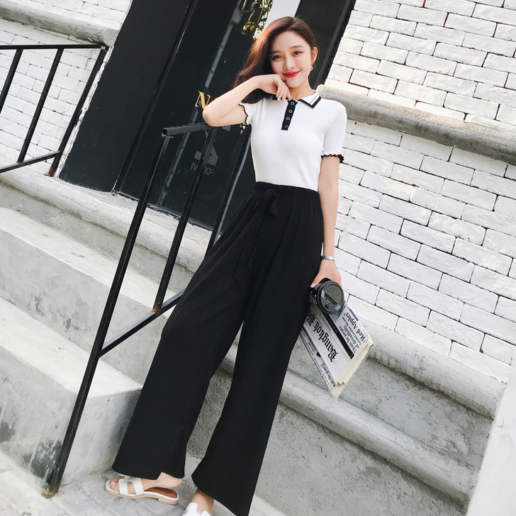 港味超火复古温柔风冰丝针织高腰垂感阔腿裤夏...