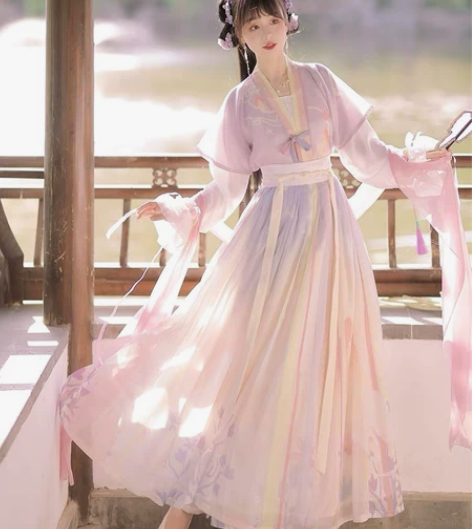 洛苓唐褙子汉服女圆领短衫褶裙原创齐腰中国风...