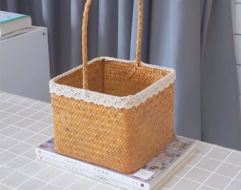 全新 采摘手工草编篮藤草手提花篮 零食水果收纳篮家用野餐篮子...