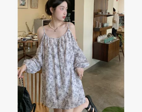 9新法式碎花吊带连衣裙女夏季新款一字肩设计...