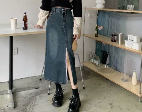 气质开叉牛仔半身裙女夏季2022年新款高腰...
